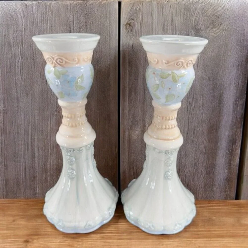 Tracy Porter Hand Painted Pillar Candle‎ Stick Holder Set Ceramic Caldecott
